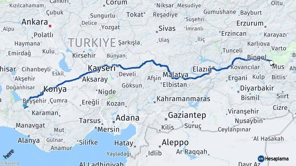 Konya Seydişehir Muş Arası Kaç Km - Yol Haritası