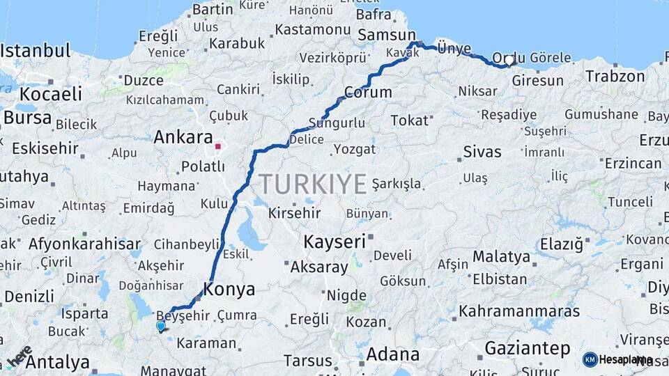 Konya Seydişehir Ordu Arası Kaç Km - Yol Haritası