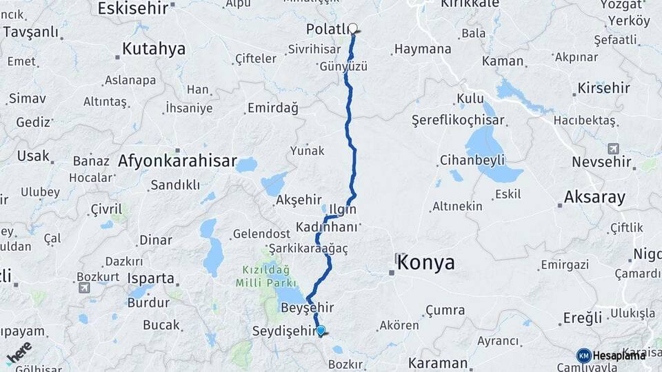 Konya Seydişehir Polatlı Ankara Arası Kaç Km - Yol Haritası