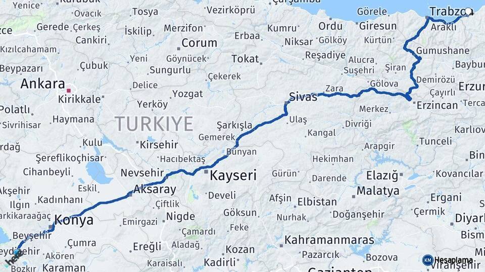 Konya Seydişehir Rize Arası Kaç Km - Yol Haritası