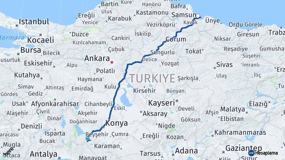 Konya Seydişehir Samsun Arası Kaç Km - Yol Haritası