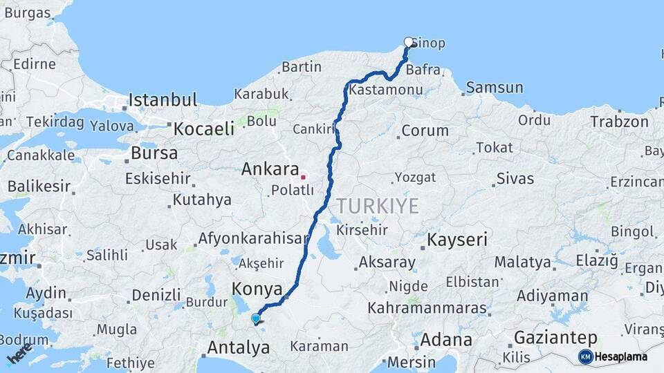 Konya Seydişehir Sinop Arası Kaç Km - Yol Haritası