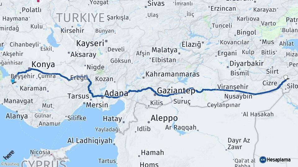 Konya Seydişehir Şırnak Arası Kaç Km - Yol Haritası