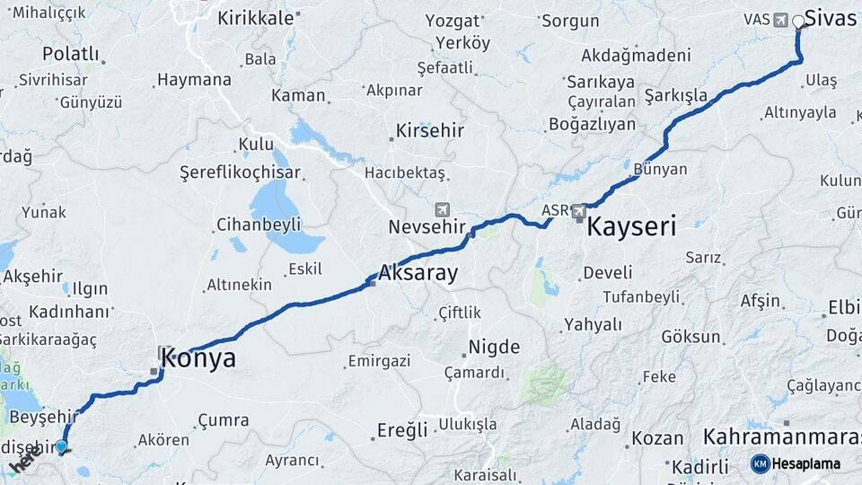 Konya Seydişehir Sivas Arası Kaç Km - Yol Haritası