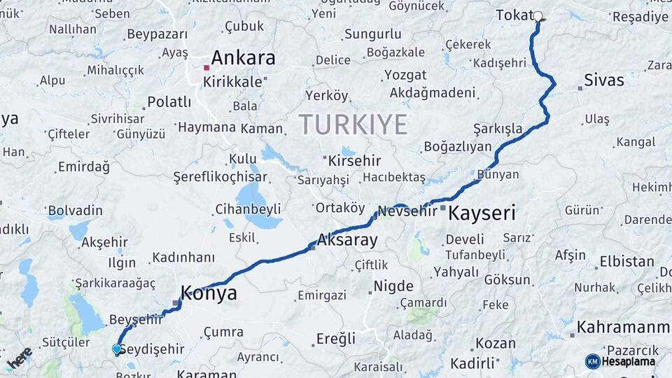 Konya Seydişehir Tokat Arası Kaç Km - Yol Haritası