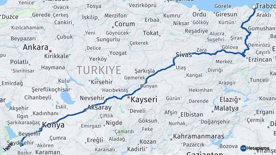 Konya Seydişehir Trabzon Arası Kaç Km - Yol Haritası