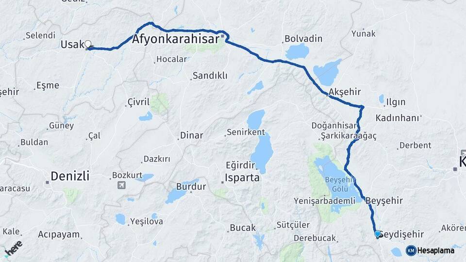 Konya Seydişehir Uşak Arası Kaç Km - Yol Haritası