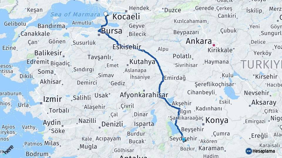 Konya Seydişehir Yalova Arası Kaç Km - Yol Haritası
