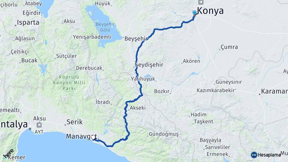 Konya Side Manavgat Antalya Arası Kaç Km - Yol Haritası