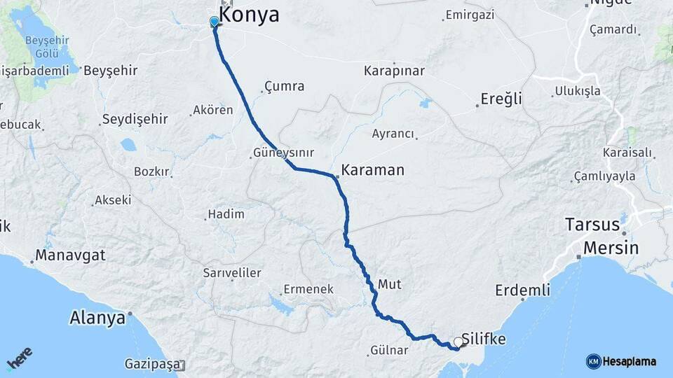 Konya Silifke Mersin Arası Kaç Km - Yol Haritası