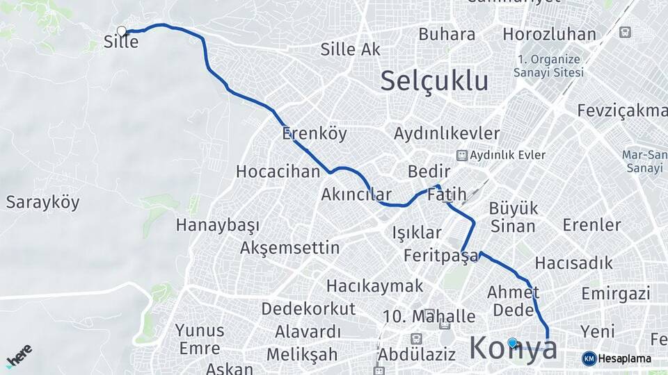 Konya Sille Selçuklu Arası Kaç Km - Yol Haritası