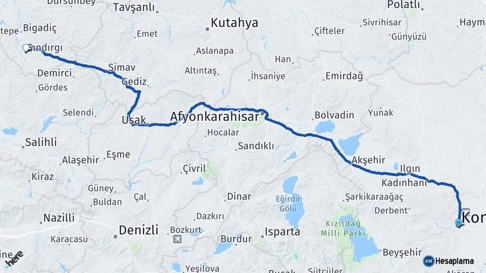 Konya Sındırgı Balıkesir Arası Kaç Km - Yol Haritası