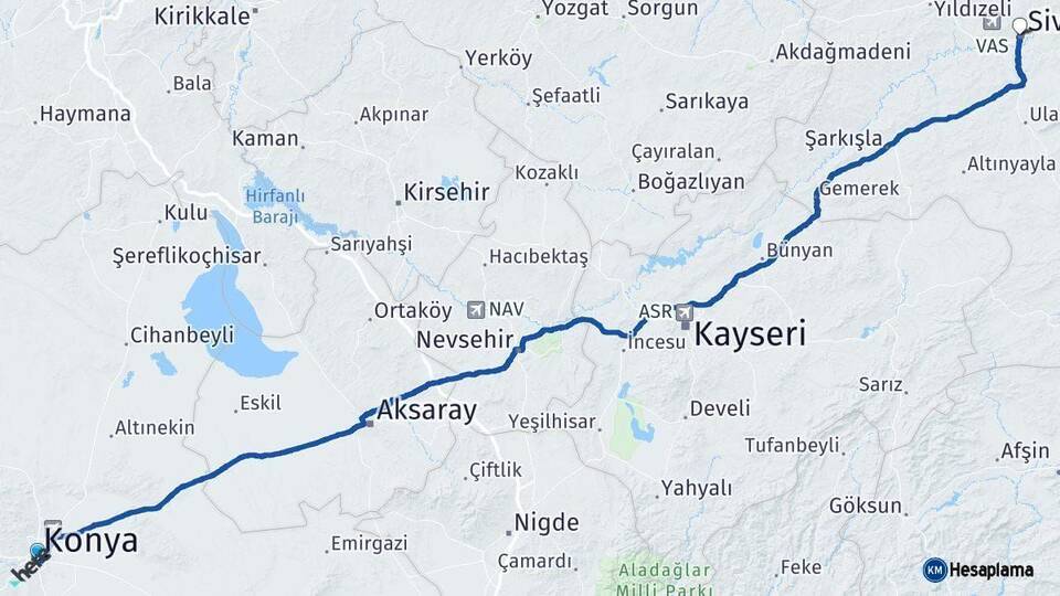 Konya Sivas Arası Kaç Km - Yol Haritası
