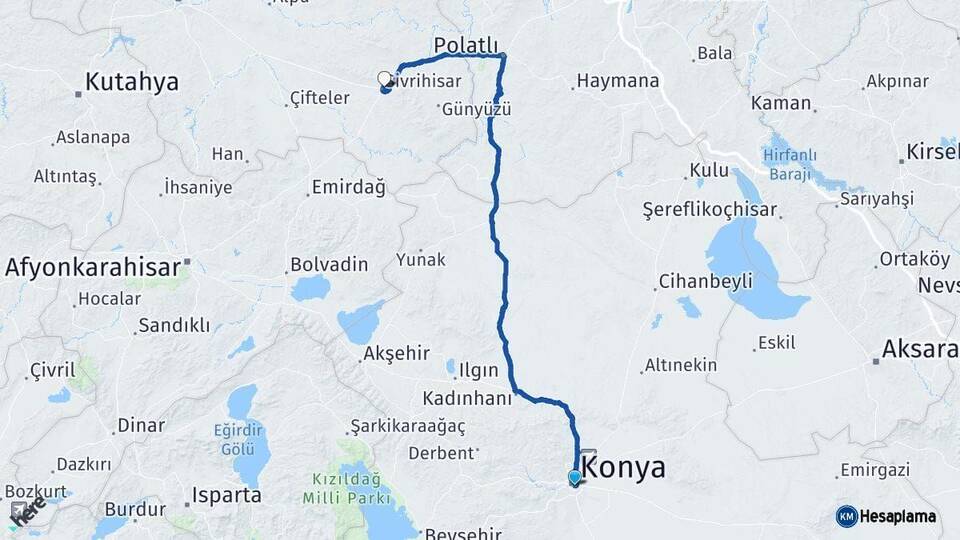 Konya Sivrihisar Eskişehir Arası Kaç Km - Yol Haritası