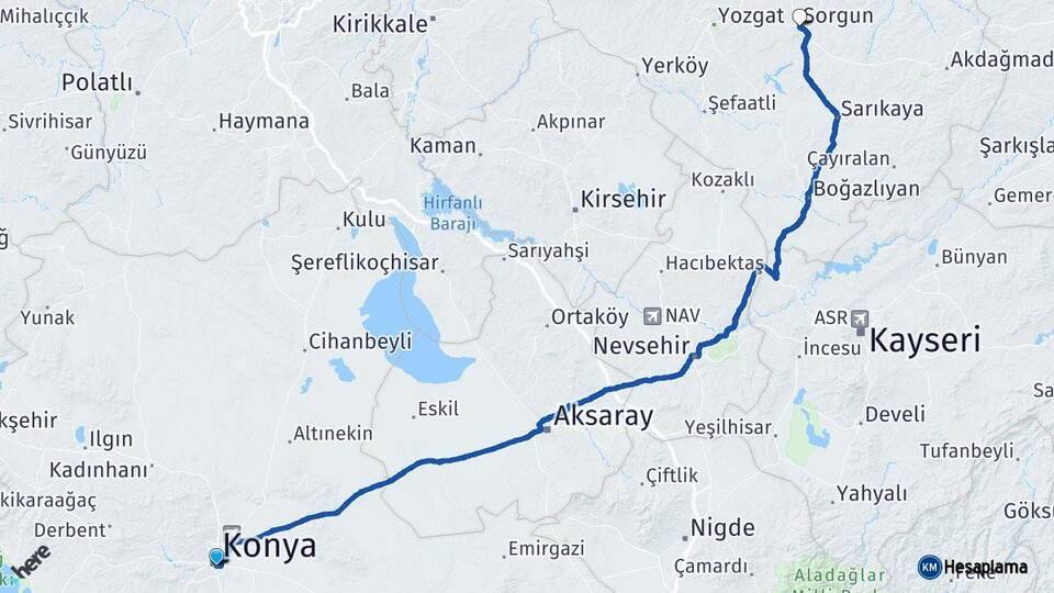 Konya Sorgun Yozgat Arası Kaç Km - Yol Haritası