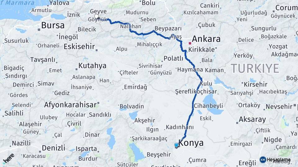 Konya Taraklı Sakarya Arası Kaç Km - Yol Haritası