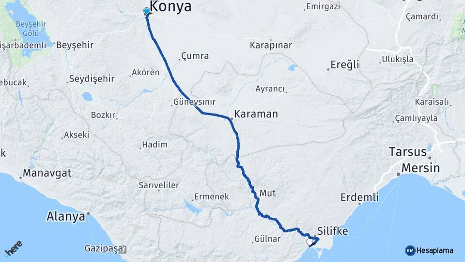 Konya Taşucu Silifke Mersin Arası Kaç Km - Yol Haritası