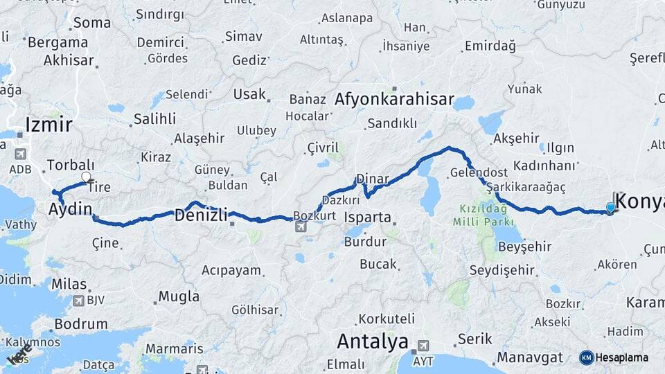 Konya Tire İzmir Arası Kaç Km - Yol Haritası