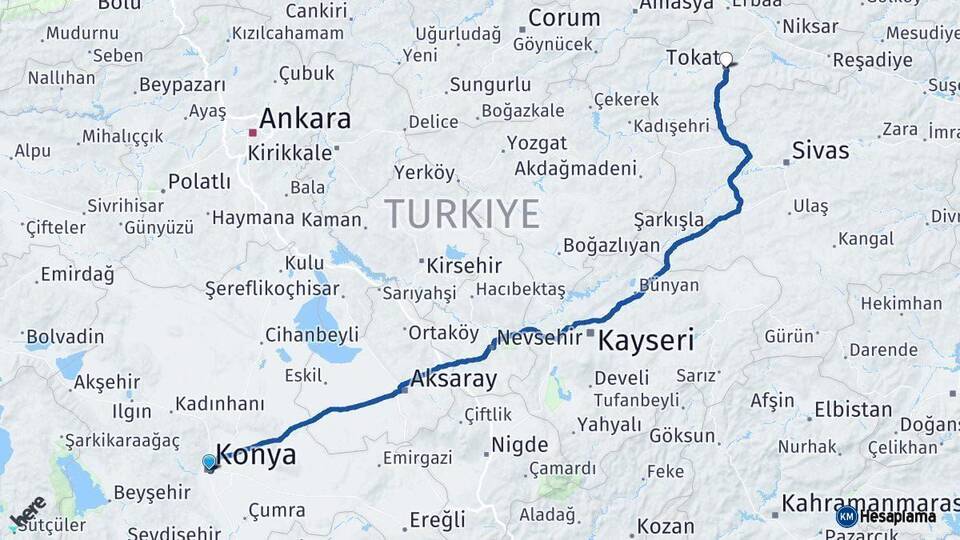 Konya Tokat Arası Kaç Km - Yol Haritası