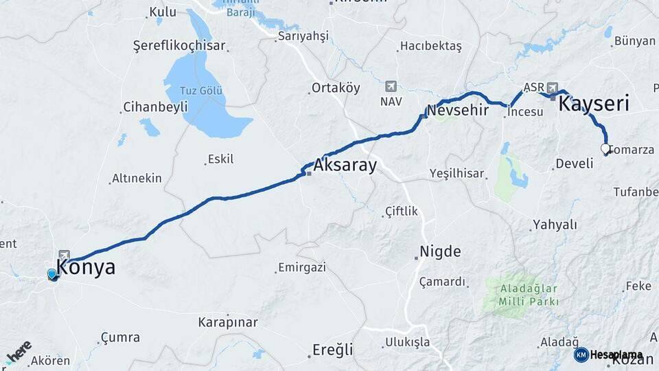 Konya Tomarza Kayseri Arası Kaç Km - Yol Haritası