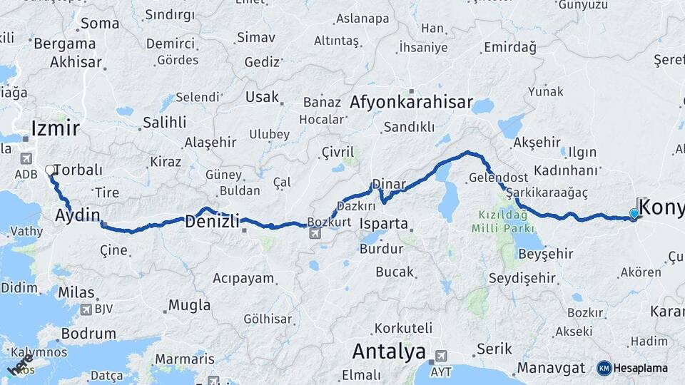 Konya Torbalı İzmir Arası Kaç Km - Yol Haritası