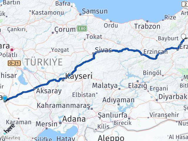 Konya Tortum Erzurum Arası Kaç Km - Yol Haritası