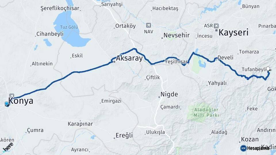 Konya Tufanbeyli Adana Arası Kaç Km - Yol Haritası