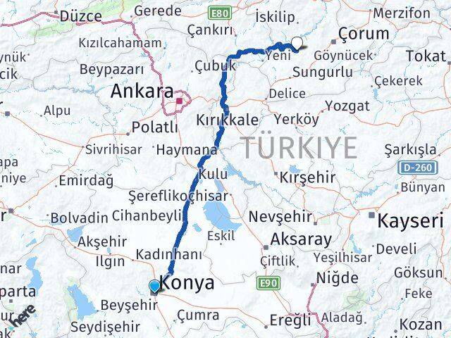 Konya Uğurludağ Çorum Arası Kaç Km - Yol Haritası