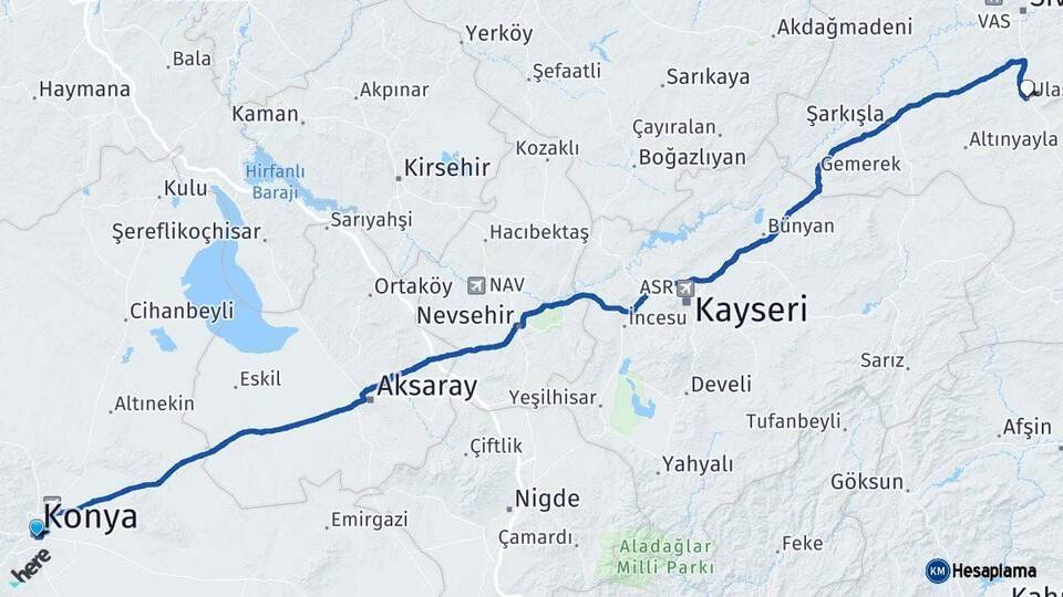 Konya Ulaş Sivas Arası Kaç Km - Yol Haritası