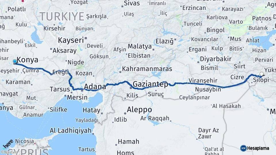 Konya Uludere Şırnak Arası Kaç Km - Yol Haritası