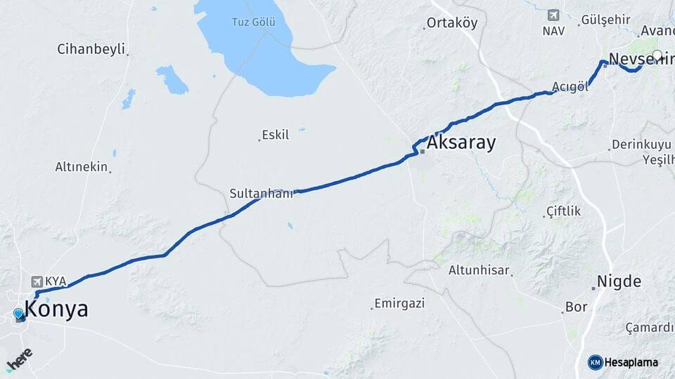 Konya Ürgüp Nevşehir Arası Kaç Km - Yol Haritası