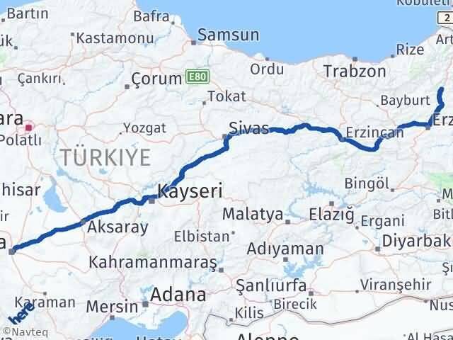 Konya Uzundere Erzurum Arası Kaç Km - Yol Haritası