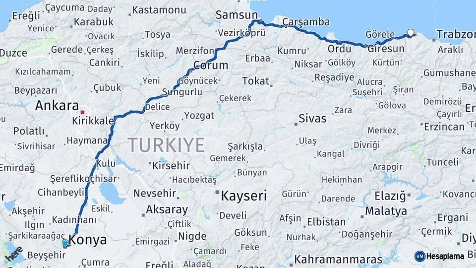 Konya Vakfıkebir Trabzon Arası Kaç Km - Yol Haritası