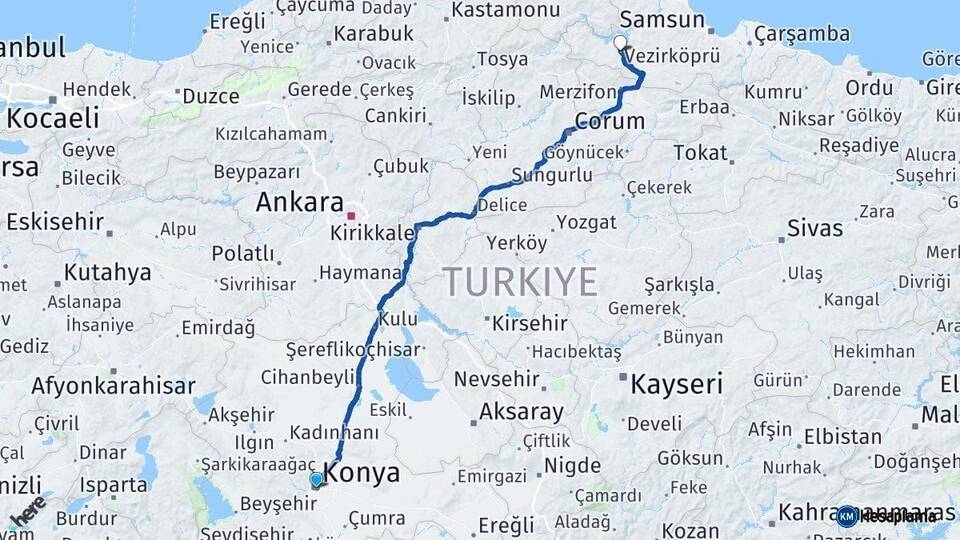 Konya Vezirköprü Samsun Arası Kaç Km - Yol Haritası