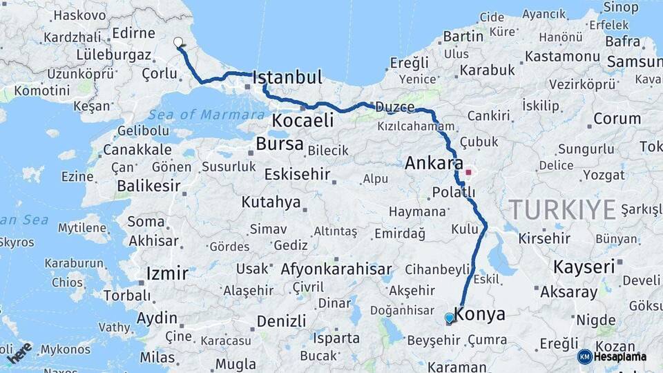 Konya Vize Kırklareli Arası Kaç Km - Yol Haritası