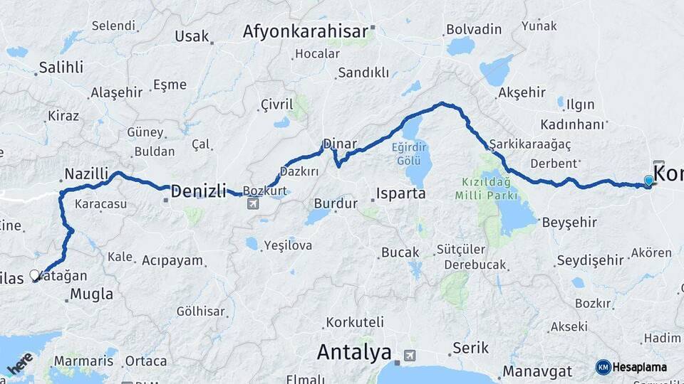 Konya Yatağan Muğla Arası Kaç Km - Yol Haritası