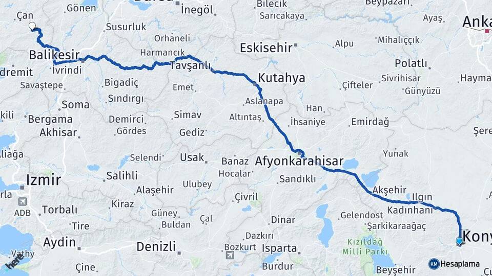 Konya Yenice Çanakkale Arası Kaç Km - Yol Haritası