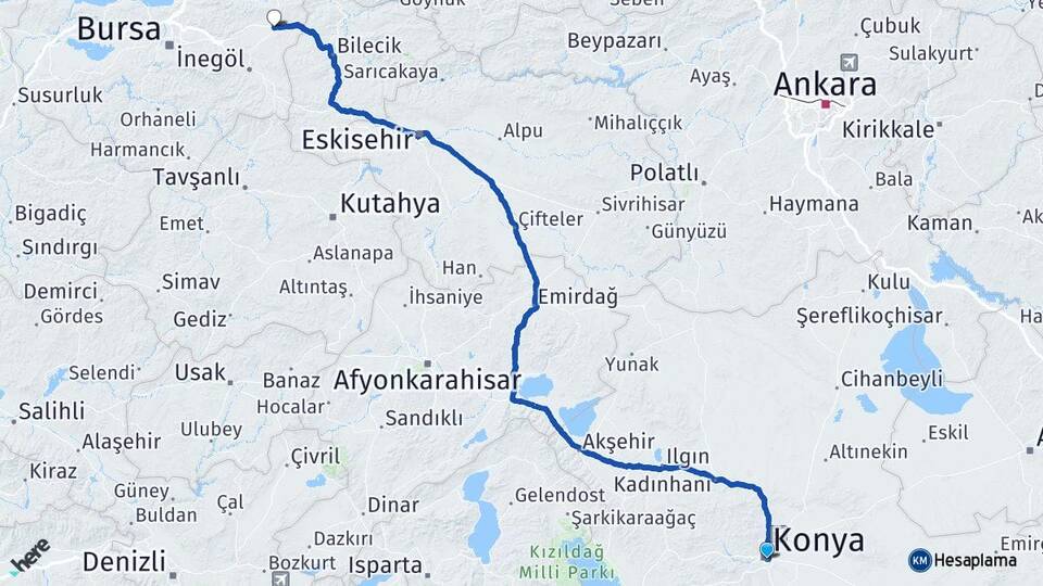 Konya Yenişehir Bursa Arası Kaç Km - Yol Haritası
