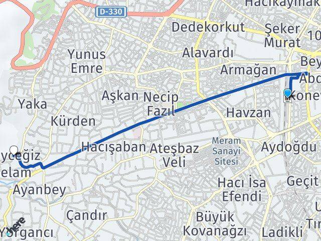 Konya YHT Garı Köyceğiz Arası Kaç Km - Yol Tarifi