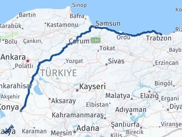 Konya Yomra Trabzon Arası Kaç Km - Yol Haritası