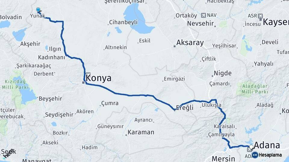 Konya Yunak Adana Arası Kaç Km - Yol Haritası