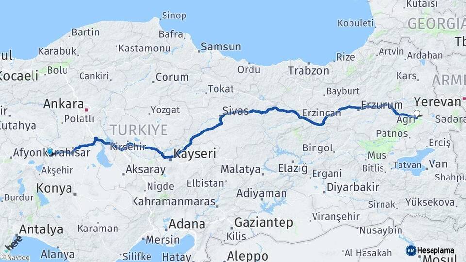 Konya Yunak Ağrı Arası Kaç Km - Yol Haritası