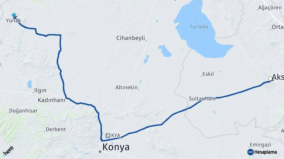 Konya Yunak Aksaray Arası Kaç Km - Yol Haritası
