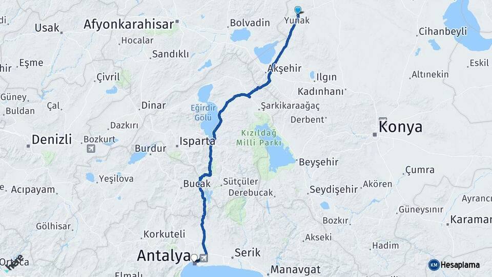 Konya Yunak Antalya Arası Kaç Km - Yol Haritası