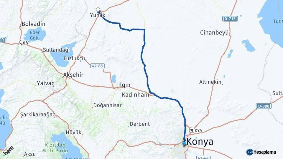 Konya Yunak Arası Kaç Km - Yol Haritası