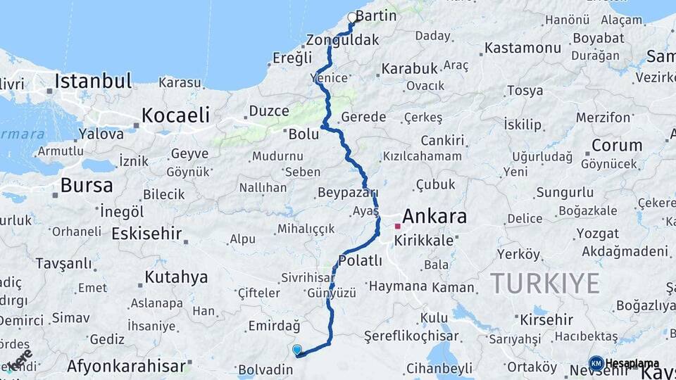 Konya Yunak Bartın Arası Kaç Km - Yol Haritası
