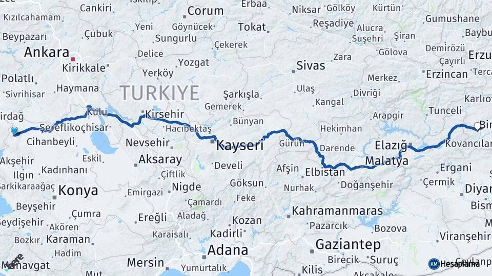 Konya Yunak Bingöl Arası Kaç Km - Yol Haritası