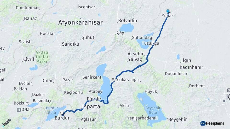 Konya Yunak Burdur Arası Kaç Km - Yol Haritası