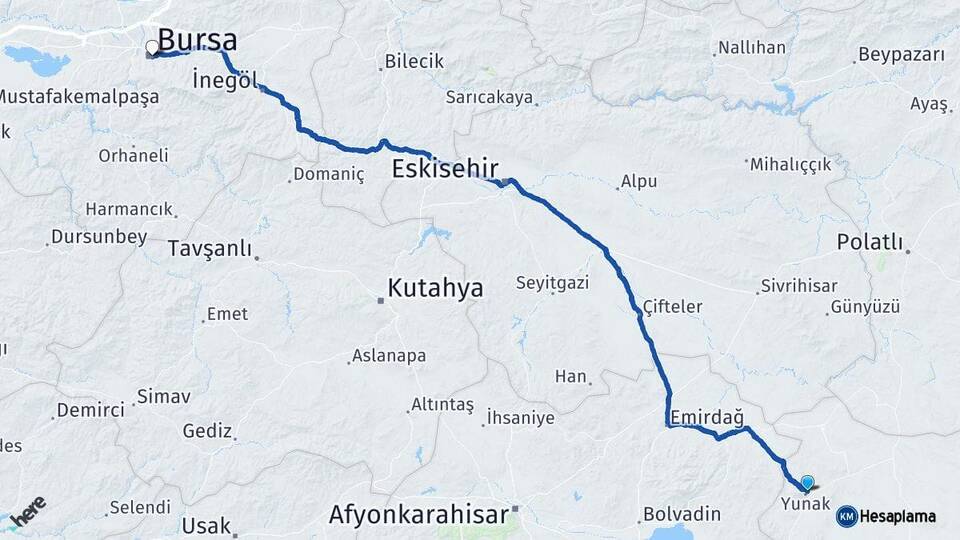 Konya Yunak Bursa Arası Kaç Km - Yol Haritası