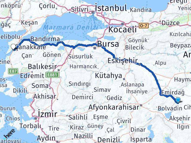 Konya Yunak Çanakkale Arası Kaç Km - Yol Haritası